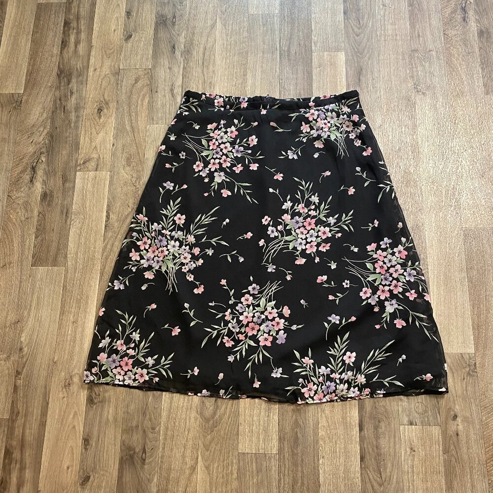 Vintage JR Bentley Black Floral Midi Skirt Size Large